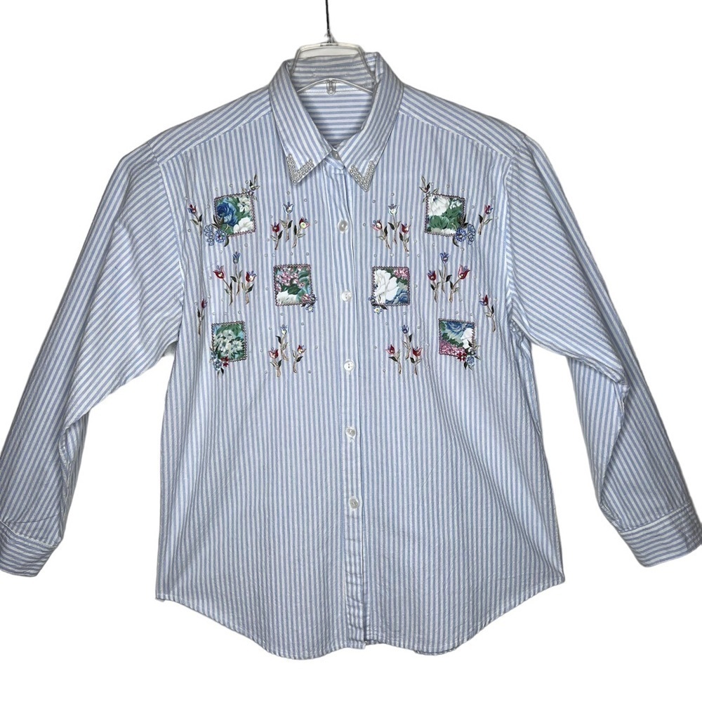 Floral Patchwork Pearl Embellished Cotton Long Sleeve Blouse Size 1X Striped